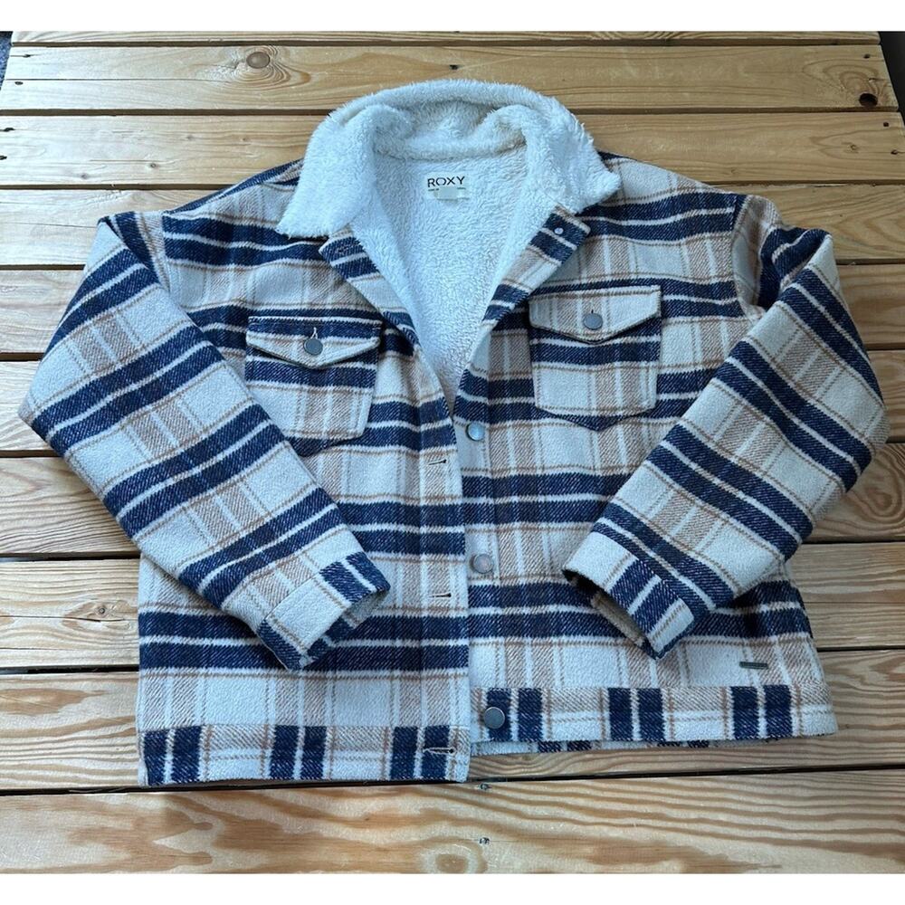 Roxy Sherpa Lined Plaid Jacket Size Small Womens Brown Button Up